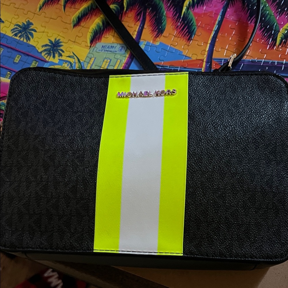 Michael Kors Black and Neon Green Crossbody Purse